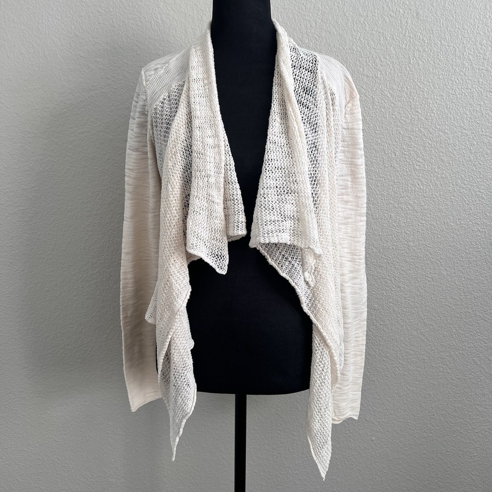 Large Cream Waterfall Cardigan Lightweight Open Knit Layering Sweater Coastal